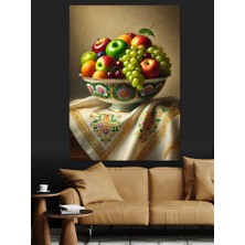 Meyve Kasesi ve Işlemeli Masa Örtüsü Dekoratif Kanvas - Mdf Ahşap Tablo