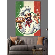 Pizza Şefi ve Italyan Bayrağı Dekoratif Kanvas - Mdf Ahşap Tablo