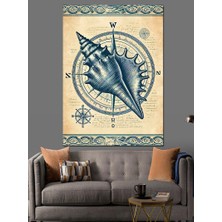 Deniz Kabuğu ve Pusula Çizimi Dekoratif Kanvas - Mdf Ahşap Tablo