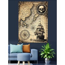 Korsan Haritası ve Antik Gemi Dekoratif Kanvas - Mdf Ahşap Tablo