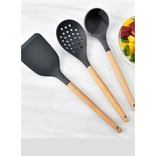 11'li Bambu Saplı Silikon Servis Seti - Kepçe, Kevgir, Maşa, Spatula Seti - Yanmaz Silikon Set