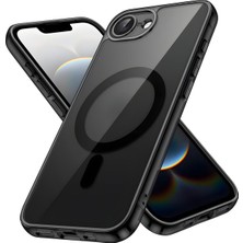 Apple iPhone 16E Kılıf Kamera Lens Koruma Camlı Arkası Şeffaf Kenarları Siyah Şeritli Magsafe Wireless Şarj Destekli