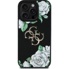 iPhone 15 Pro Max Kılıf Guess Orjinal Lisanslı Gül Baskılı Büyük Metal Logo Dizaynlı Kapak Siyah