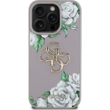 iPhone 15 Pro Max Kılıf Guess Orjinal Lisanslı Gül Baskılı Büyük Metal Logo Dizaynlı Kapak Mor