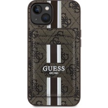 iPhone 15 Kılıf Guess Lisanslı Magsafe Şarj Özellikli 4g Desenli Çizgili Kartlıklı Kapak Kahverengi