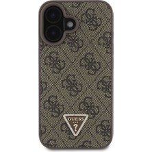 iPhone 16 Kılıf Guess Orjinal Lisanslı Pu Deri Taşlı Üçgen Logo 4g Desenli Strass Kapak Kahverengi