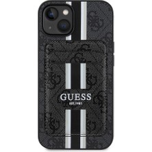 iPhone 15 Kılıf Guess Lisanslı Magsafe Şarj Özellikli 4g Desenli Çizgili Kartlıklı Kapak Siyah