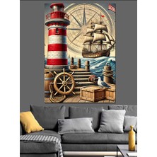 Tarihi Deniz Feneri ve Gemi Dekoratif Kanvas - Mdf Ahşap Tablo