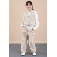 Cansın Mini Krem Çizgi Desenli Yelekli Geniş Paça Pantolonlu Kız Çocuk Badili 3lü Takım 20491