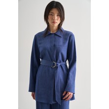 Indigo Mavi Mizalle Denim Dokulu Kemerli Tunik