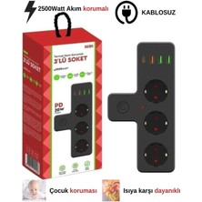 ÇELİKWORK 2500W 3 lü Priz Kablosuz 3xUSB 1xType-C Bakır İletken Çocuk Akım Korumalı Çoklu üçlü Priz