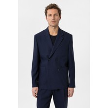 Antioch Lacivert Relax Fit Keten Karışımlı Erkek Blazer Ceket