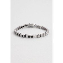 Siyah ve Beyaz Taşlı 18 Ayar Beyaz Altın Kaplama Unisex Gümüş Su Yolu Bileklik