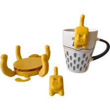 3D 1 Adet Sevimli Kedi Figürlü Bardak Altlığı ve 2 Adet Sevimli Kedi Çay Poşeti Tutacağı Seti