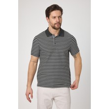 Violes Erkek Antrasit Çizgili Slim Fit %100 Pamuk Polo Yaka Tişört
