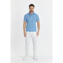 Wolfe Erkek Mavi Likralı Pamuk Karışımlı Çekmeyen Kumaş Kıvrılmaz Yaka Polo Yaka Tişört