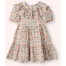 Kız Çocuk Çiçek Desenli Yaka Detaylı Ekru Elbise