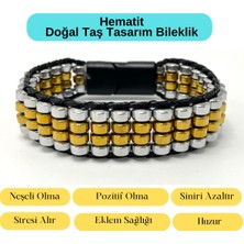 Sertifikalı Hematit Doğal Taş Tasarım Erkek Bileklik Gümüş ve Gold Renk