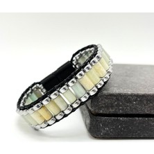 Yıldız Doğal Taş Sertifikalı Amazonit ve Hematit Silindir Kesim Kilitli Doğal Taş Deri Erkek Bileklik