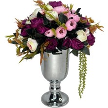 Yapay Çiçek Aranjmanı Metal Gümüş Vazolu Renkli Erengüller Masa Üstü Çiçeği Arajman