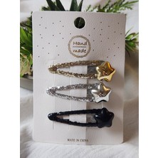 Simli Yıldız Detaylı Siyah,gold,gümüş Renklerde Çıtçıtlı Çocuk Toka(Toplam 6 Adet Toka)