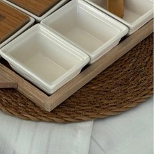 Luckyol Lüx Dekoratif Bambu Ahşap Tepsili Kahvaltılık Porselen 6'lı Kahvaltılık Set