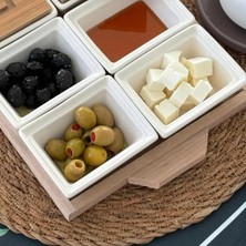 Luckyol Lüx Dekoratif Bambu Ahşap Tepsili Kahvaltılık Porselen 6'lı Kahvaltılık Set
