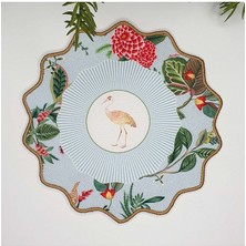 Decofav Pastel Mavi Zemin Botanik Çiçekler ve Leylek Tasarımlı Nakış Kenar Kumaş Kokteyl Peçetesi 1 Adet