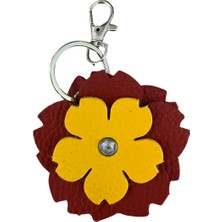 PİNKYLOLA -Çiçek Şeklinde Kırmızı & Sarı Suni Deri Mini Anahtarlık , Çanta Süsü  Bag Charm