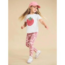 Kız Çocuk 3D Nakış Işlemeli Çilek Aplike Beyaz T-Shirt Desenli Tayt Alt Üst Takım