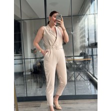 Kruvaze Yaka Kemerli Kadın Tulum