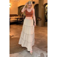 Madmext Bej Basic Pileli Kadın Uzun Etek