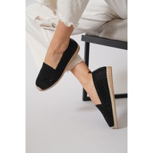 Green Mod 312 Kadın Hasırlı Taşlı Espadril Babet Siyah