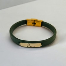 Archin Erkekler İçin Dikdörtgen Motifli 14 Ayar Altın Plakalı Yeşil Derili İsme Özel Bileklik-371