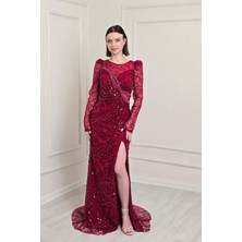 Bordo Pul Ilemeli Yırtmaçlı Abiye 5310