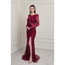 Bordo Pul Ilemeli Yırtmaçlı Abiye 5310