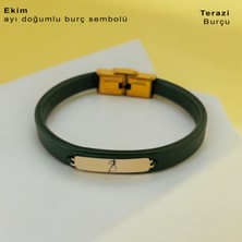 Archin Erkeklere Özel Dikdörtgen Motifli 14 Ayar Altın Plakalı Yeşil Derili Burç Bilekliği-371