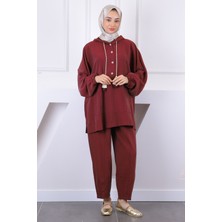 İmaj Butik Bordo Kapşonlu Cepli Tunik Pantolonlu Takım