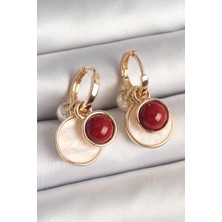 Shopzum Pirinç Gold Renk Sallantı Beyaz Mineli Bordo Detay Kadın Küpe