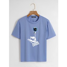 Softway Unisex Oversize Bisiklet Yaka Hang Loose Baskılı Basic T-Shirt - Mavi