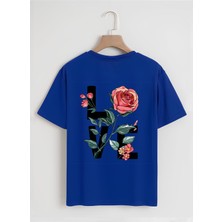 Unisex Oversize Bisiklet Yaka Rose Love Baskılı Basic T-Shirt – Saks Mavisi