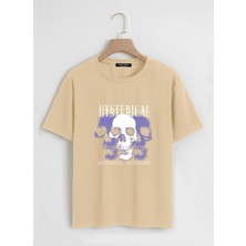 Softway Unisex Oversize Bisiklet Yaka Hysterigal Baskılı Basic T-Shirt - Bej