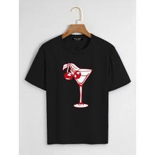 Softway Unisex Oversize Bisiklet Yaka Cherry Cocktail Baskılı Basic T-Shirt - Siyah