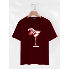 Softway Unisex Oversize Bisiklet Yaka Cherry Cocktail Baskılı Basic T-Shirt - Bordo