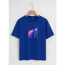 Softway Unisex Oversize Bisiklet Yaka Colorful Skeleton Baskılı Basic T-Shirt - Saks Mavisi