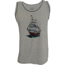 Erkek Askılı Gri Melanj T-Shirt Yelkenli Dijital Baskılı