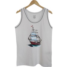 Erkek Askılı Beyaz T-Shirt Yelkenli Dijital Baskılı