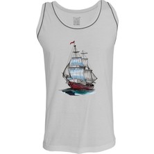 Erkek Askılı Beyaz T-Shirt Yelkenli Dijital Baskılı