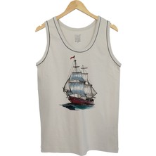 Erkek Askılı Taş Renk T-Shirt Yelkenli Dijital Baskılı
