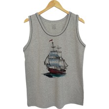 Erkek Askılı Gri Melanj T-Shirt Yelkenli Dijital Baskılı